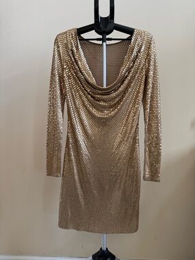 Michael Kors Metallic Gold Sequin Cowl Neck Long Sleeve Dress